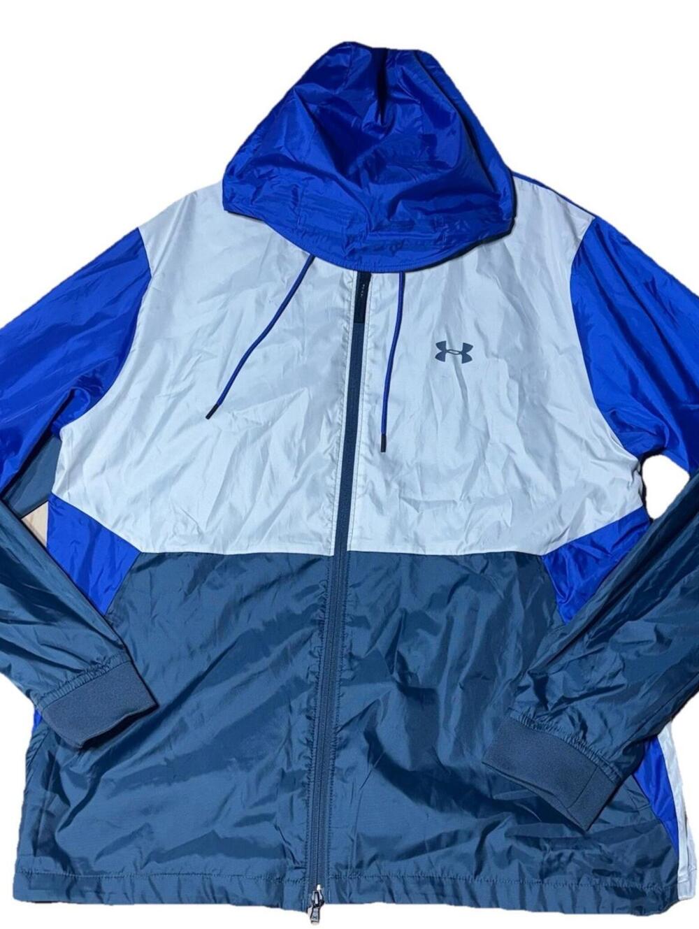Under Armour Storm Mens XXL Blue Grey Colorblock Hooded Windbreaker Jacket Zip